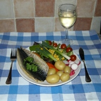 Fresh grilled mackerel with salad and a glass of white wine